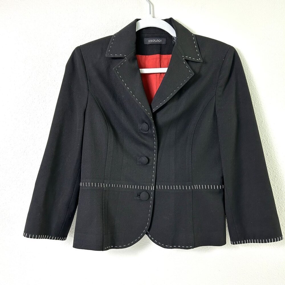 Ideology Blazer Womens Size 6 Black White Stitching Three Button Jacket Office
